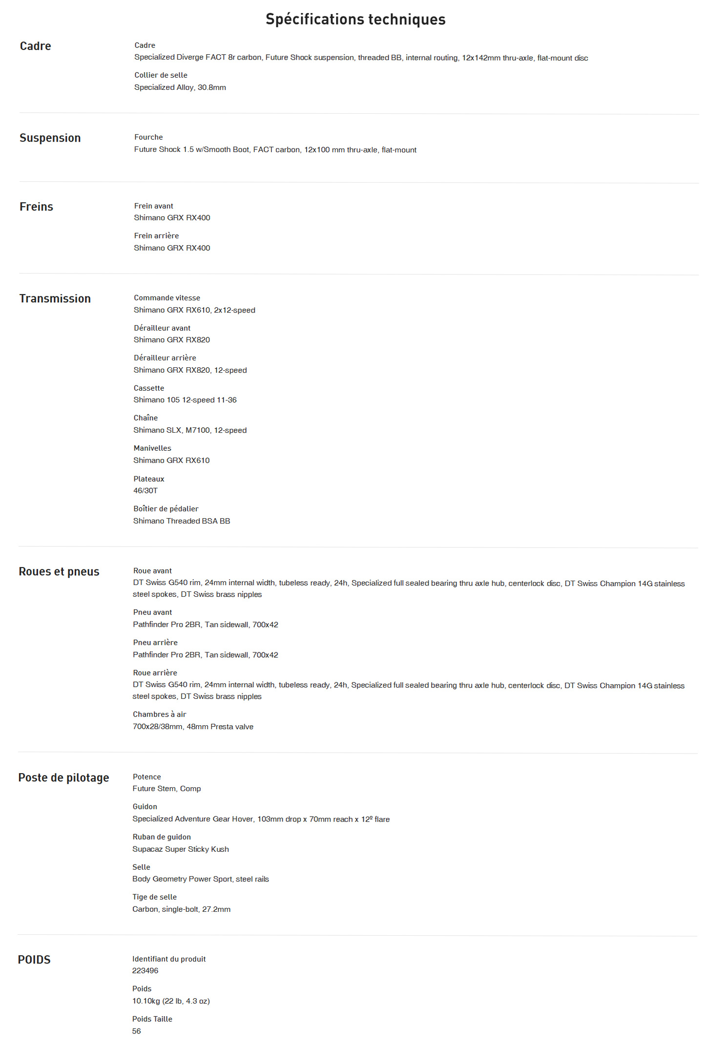 Fiche technique du vélo Diverge Sport Carbon année 2025